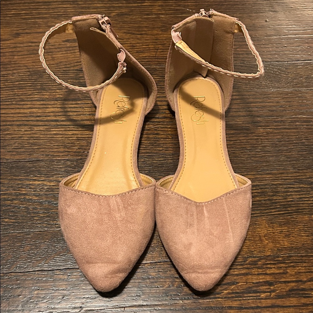 Suede Pointed-Toe Ankle Strap Flats